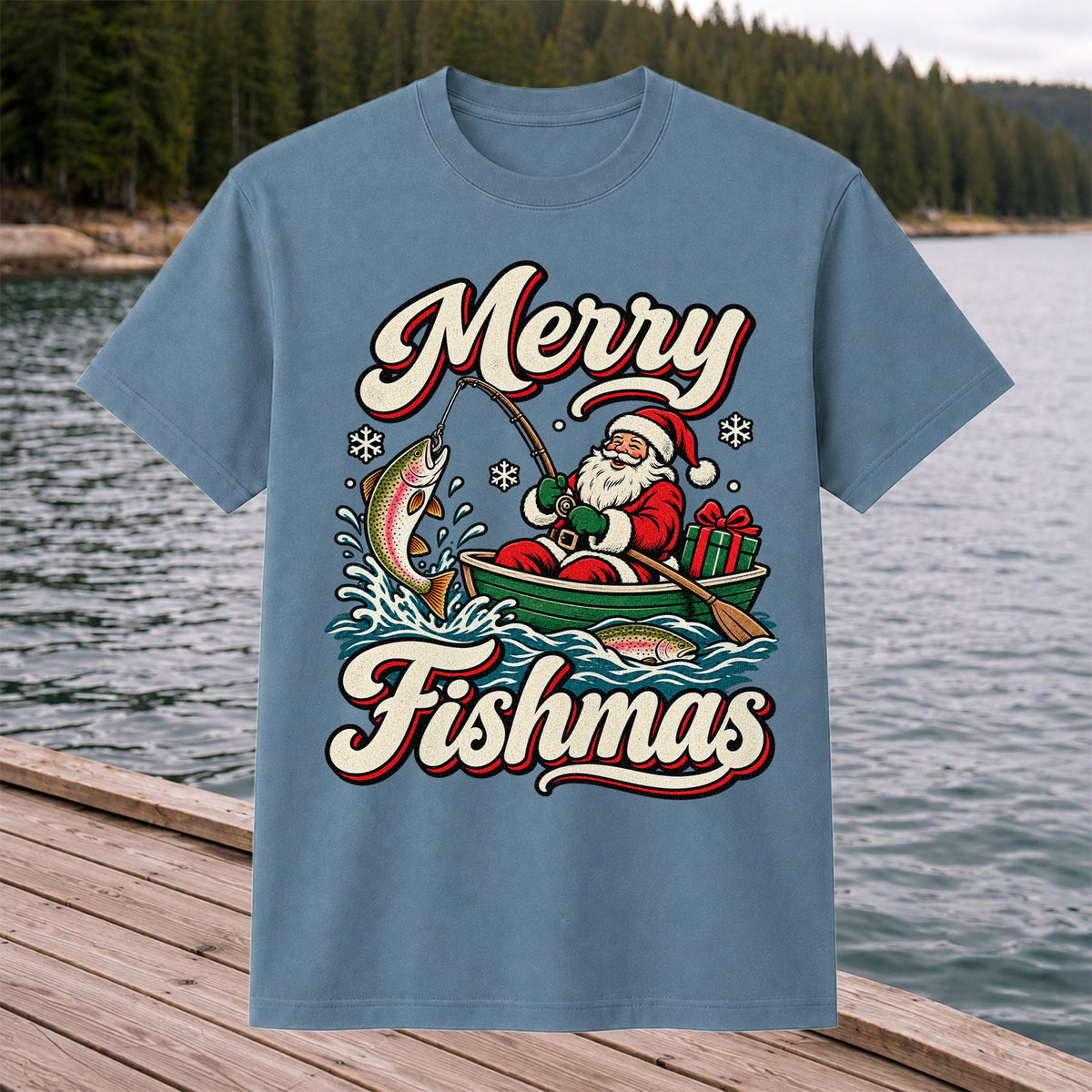 Merry Fishmas Santa Catching Rainbow Trout in a Boat Fishing T-Shirt