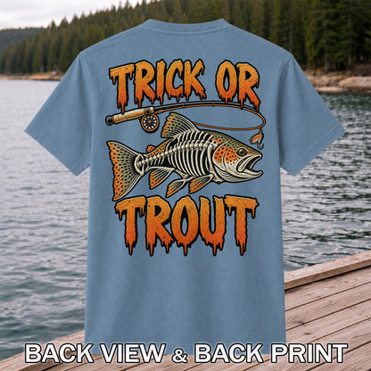 Trick or Trout Skeleton Trout Halloween Fly Fishing T-Shirt | Back Print