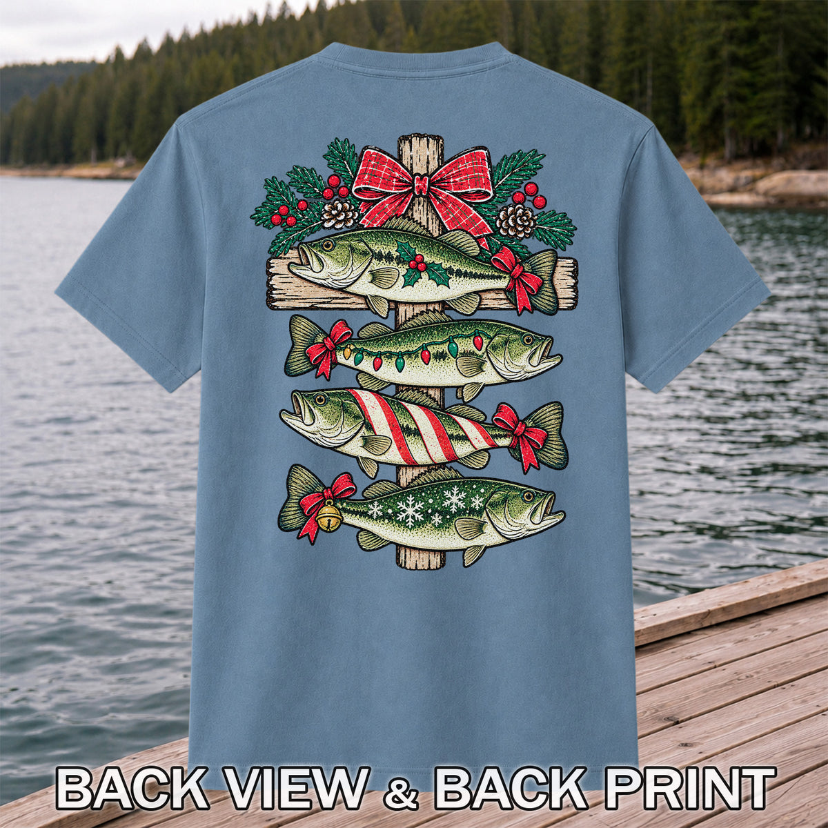 Christmas Bass Fishing Sign Holiday Graphic T-Shirt | Back Print