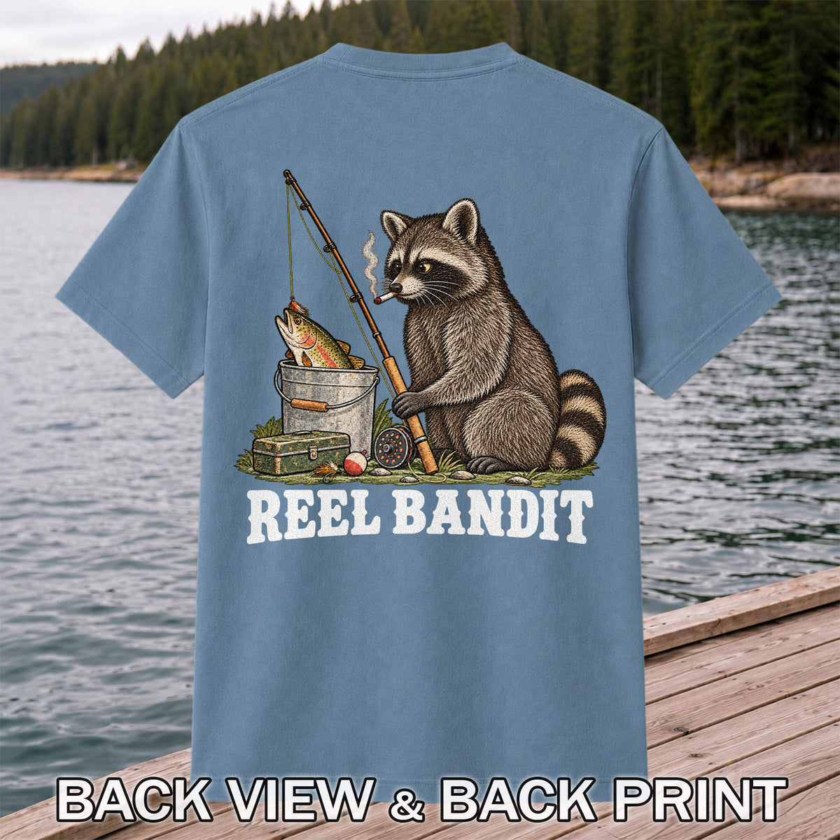 Reel Bandit Smoking Raccoon with Fishing Rod Funny T-Shirt | Back Print
