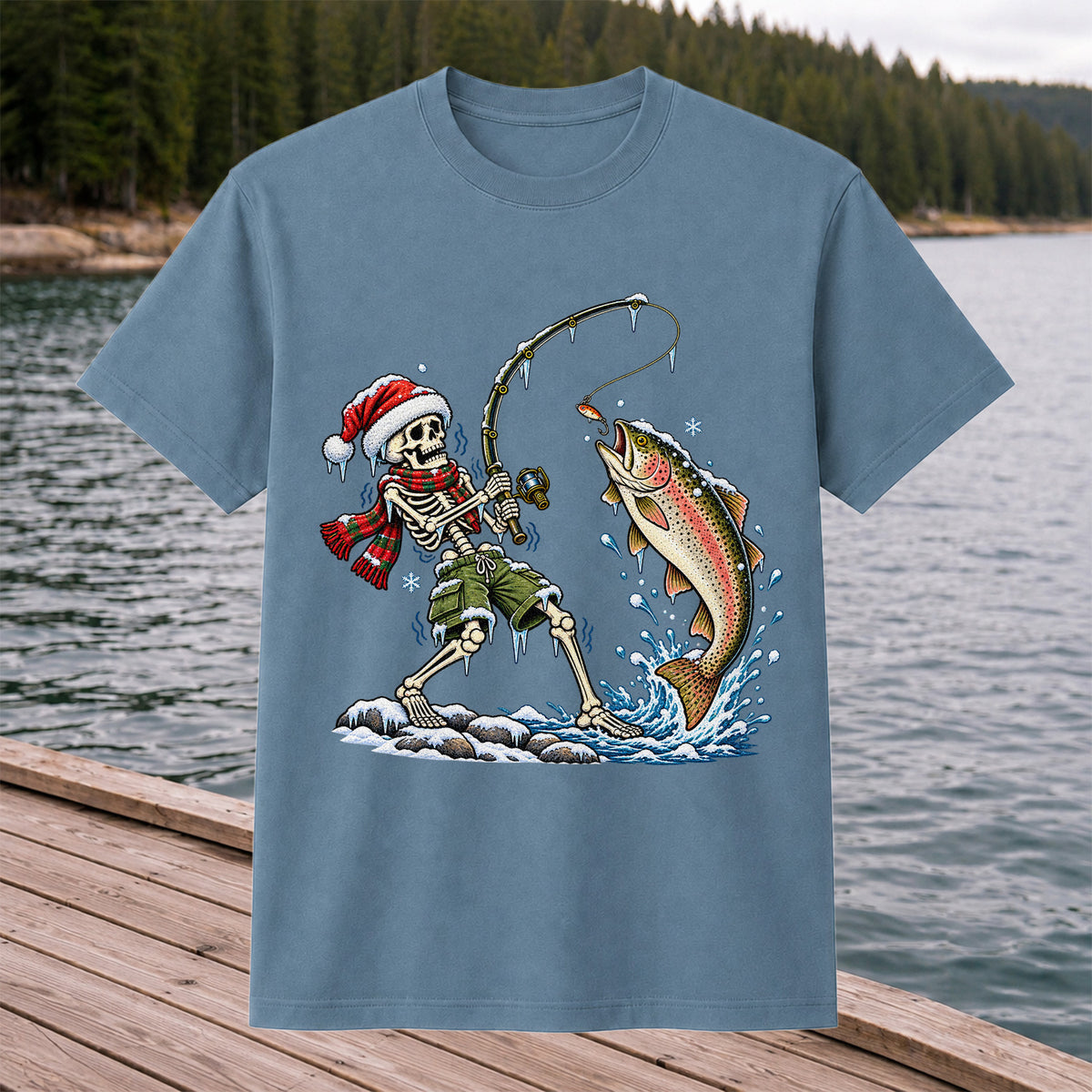 Christmas Skeleton Angler Catching a Rainbow Trout Fishing T-Shirt