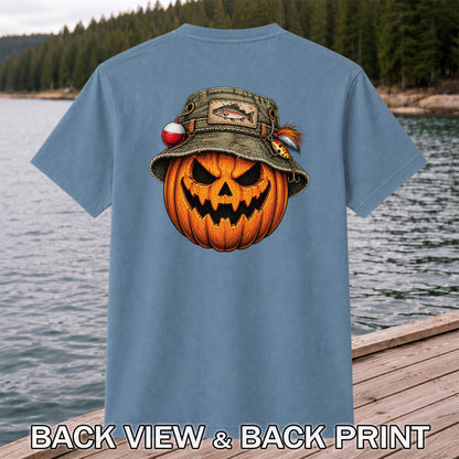 Halloween Pumpkin in a Trout Fishing Hat Graphic T-Shirt | Back Print