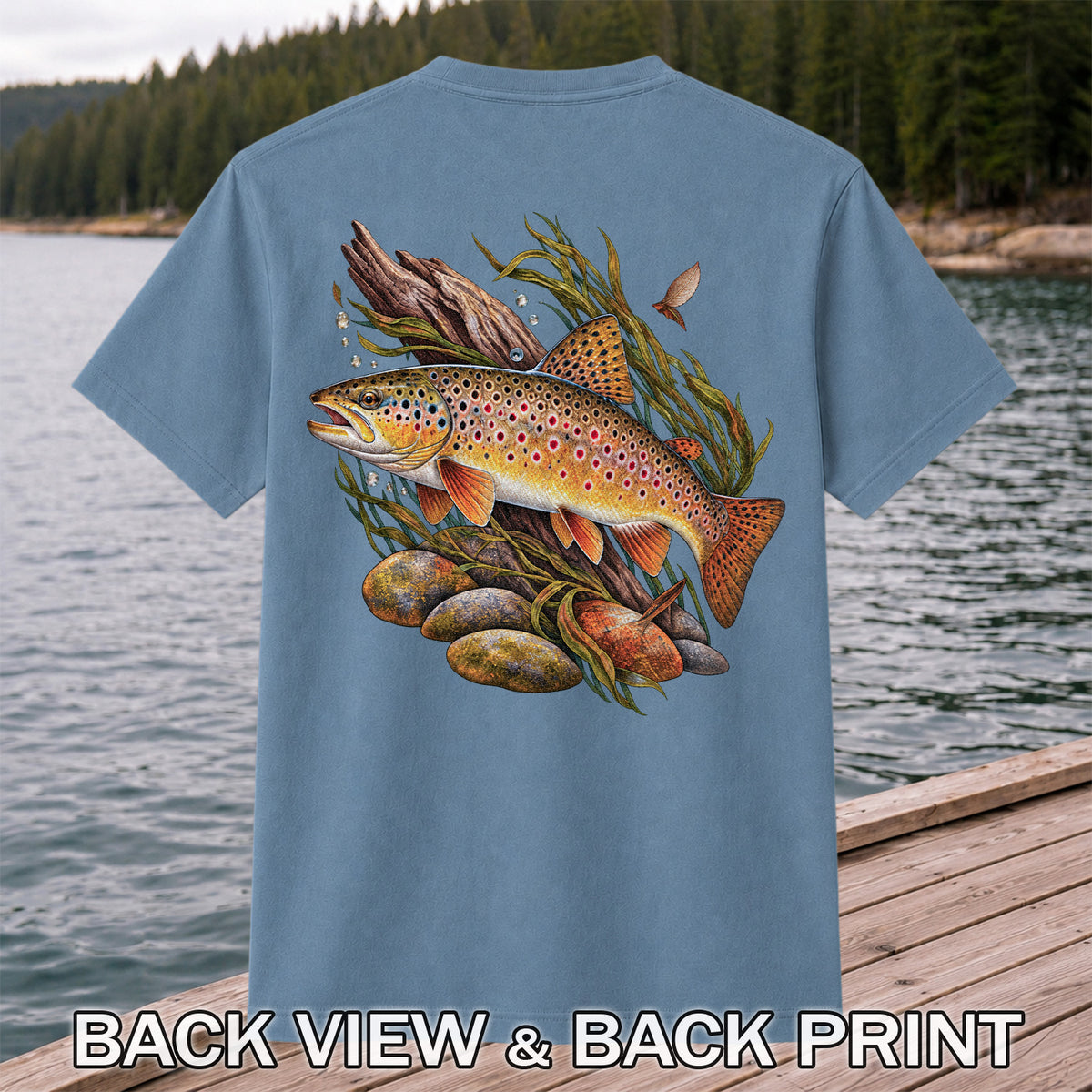 Vintage Brown Trout River Fishing Graphic T-Shirt | Back Print