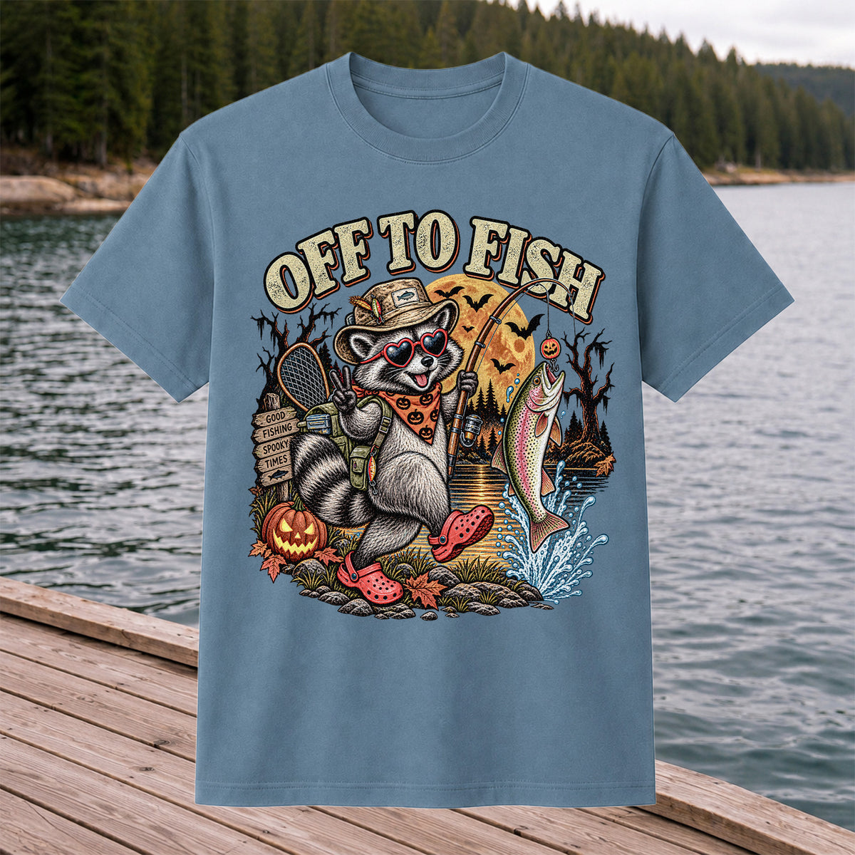 Off to Fish Raccoon and Trout Halloween T-Shirt - Good Fishing Spooky Times