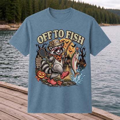 Off to Fish Raccoon and Trout Halloween T-Shirt - Good Fishing Spooky Times