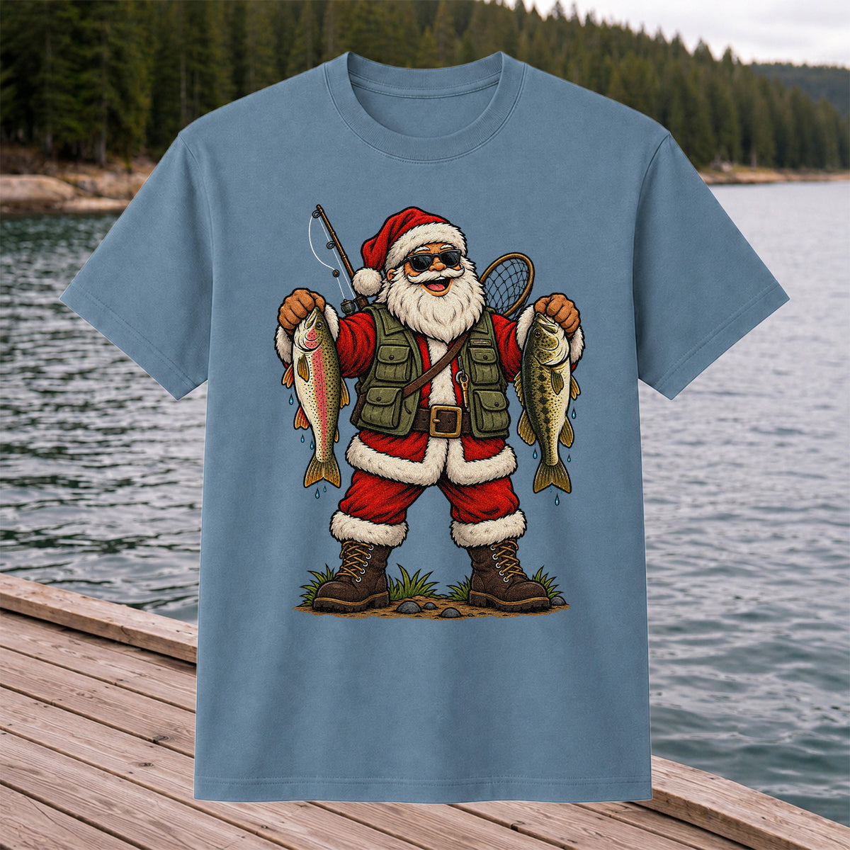 Santa Holding Rainbow Trout and Bass Christmas Fishing Graphic T-Shirt