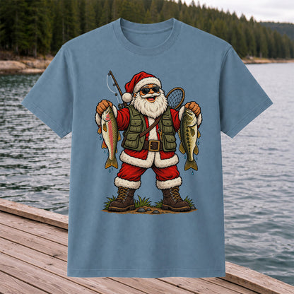 Santa Holding Rainbow Trout and Bass Christmas Fishing Graphic T-Shirt