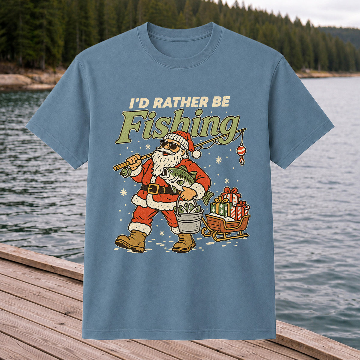 Santa Claus Fishing with Bass Christmas T-Shirt