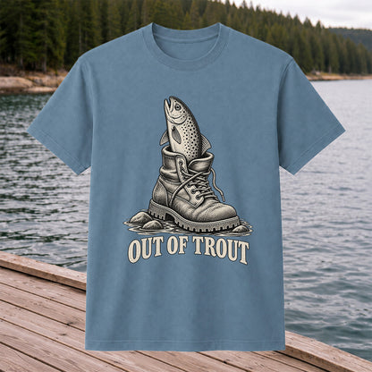 Out of Trout Funny Trout in a Hiking Boot Fishing T-Shirt