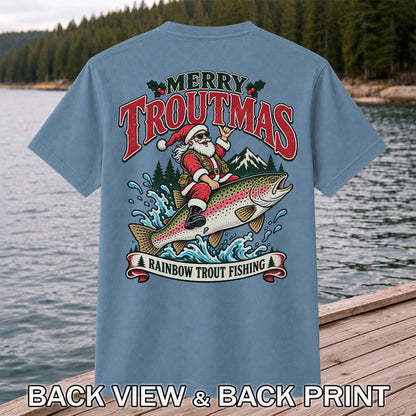 Merry Troutmas Santa Riding a Rainbow Trout Christmas Fishing T-Shirt | Back Print