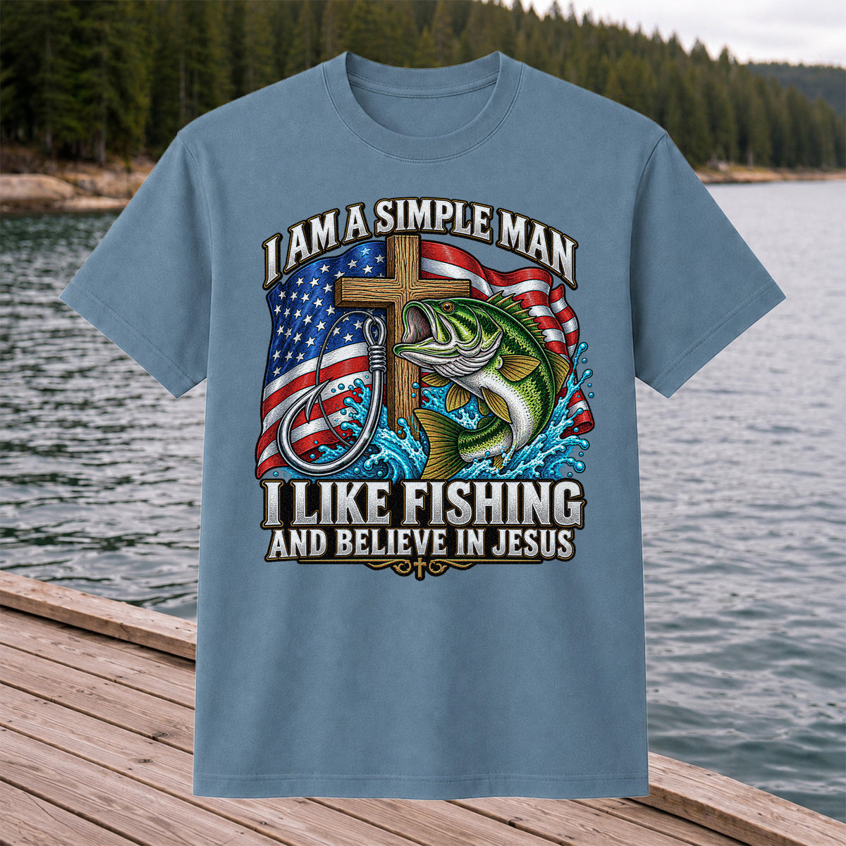 American Flag Bass Fishing Faith Patriotic Graphic T-Shirt