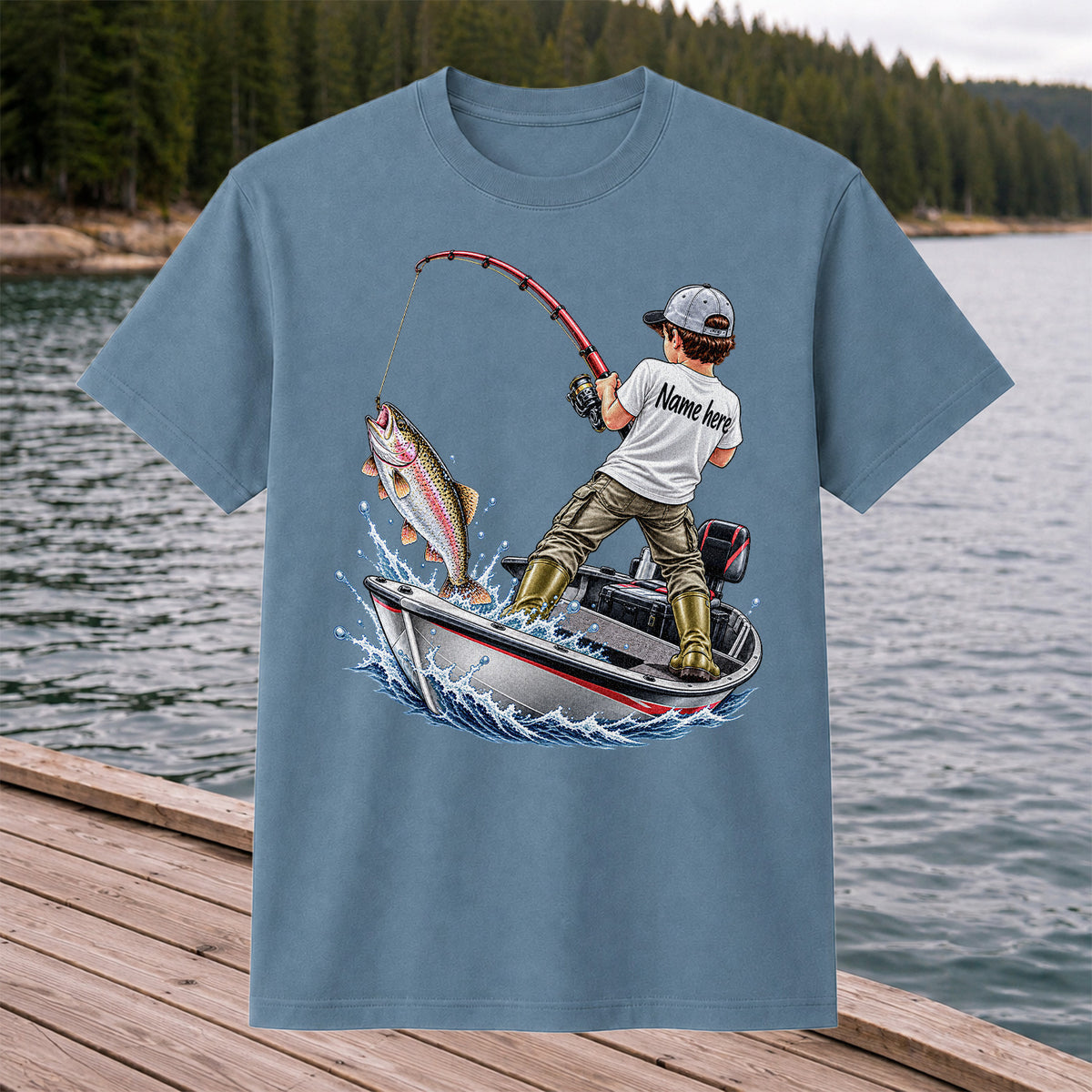 Personalized Boy Fishing Boat and Rainbow Trout Graphic T-Shirt