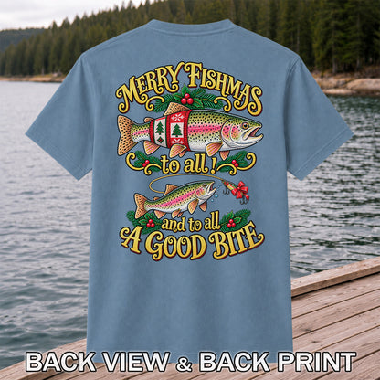 Merry Fishmas to All and to All a Good Bite Rainbow Trout Christmas Fishing T-Shirt | Back Print
