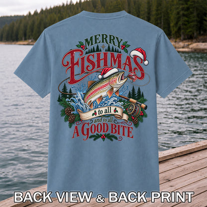 Merry Fishmas to All and to All a Good Bite Rainbow Trout T-Shirt | Back Print