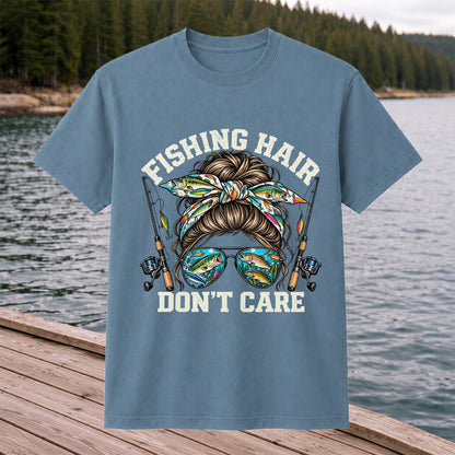 Fishing Hair Don't Care Messy Bun and Sunglasses T-Shirt