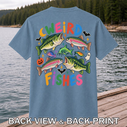 Weird Fishes Halloween Bass and Rainbow Trout Fishing T-Shirt | Back Print