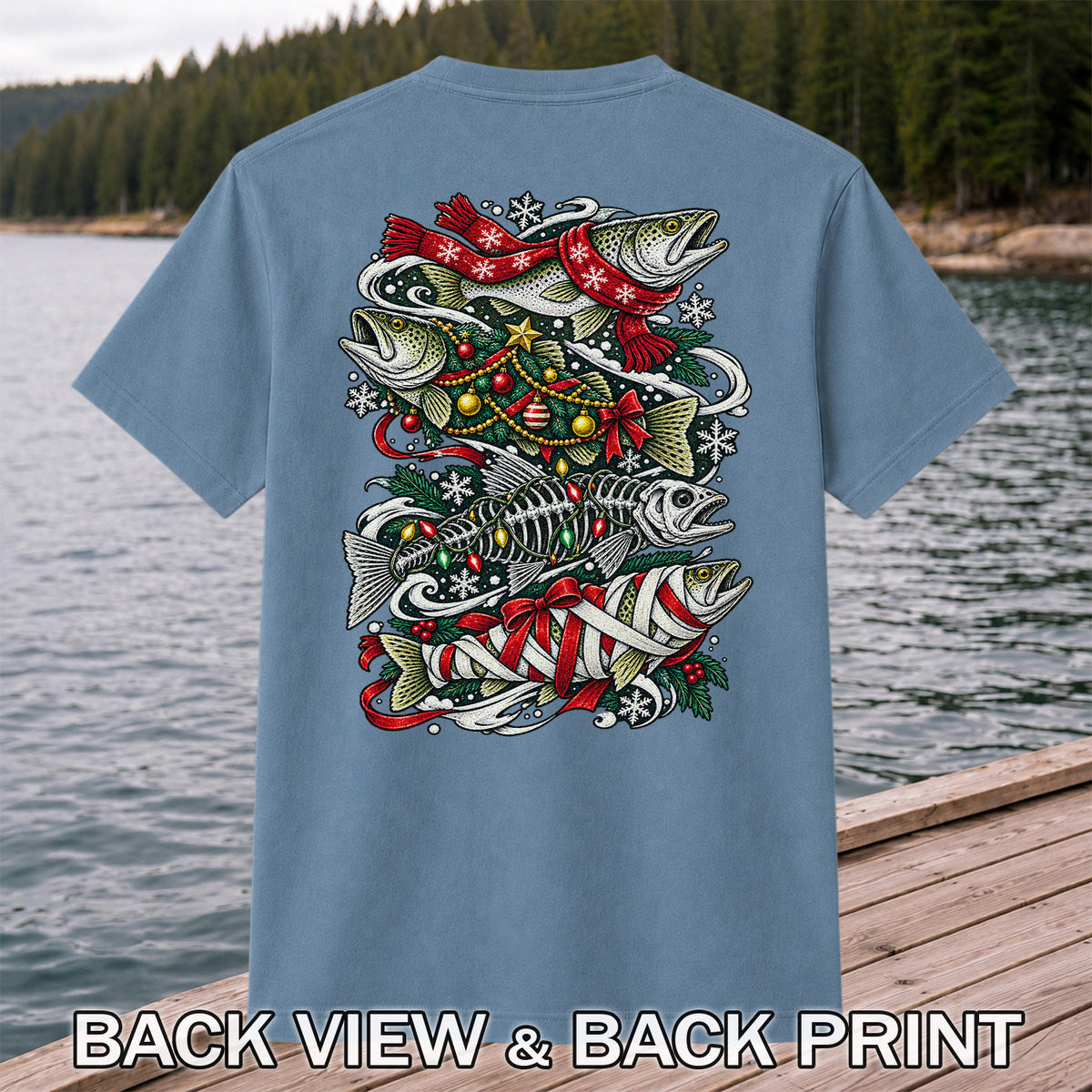 Christmas Trout and Fish Skeleton Holiday Fishing T-Shirt | Back Print