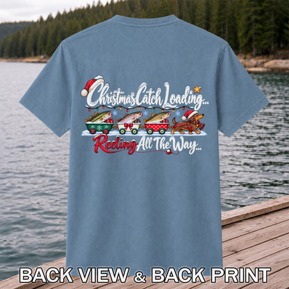 Christmas Fishing Train with Trout and Dog Graphic T-Shirt | Back Print