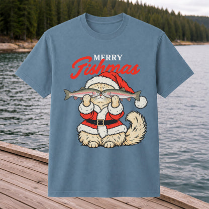 Santa Cat Holding Trout Merry Christmas Fishing T-Shirt