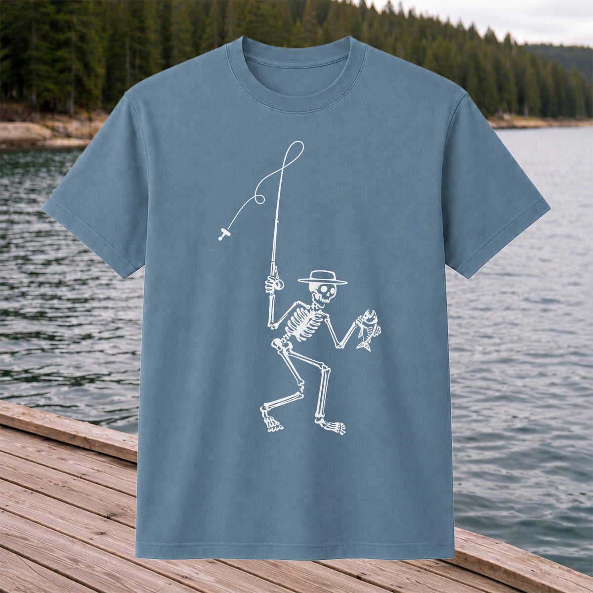 Skeleton Angler Holding a Fish Line Art Fishing T-Shirt