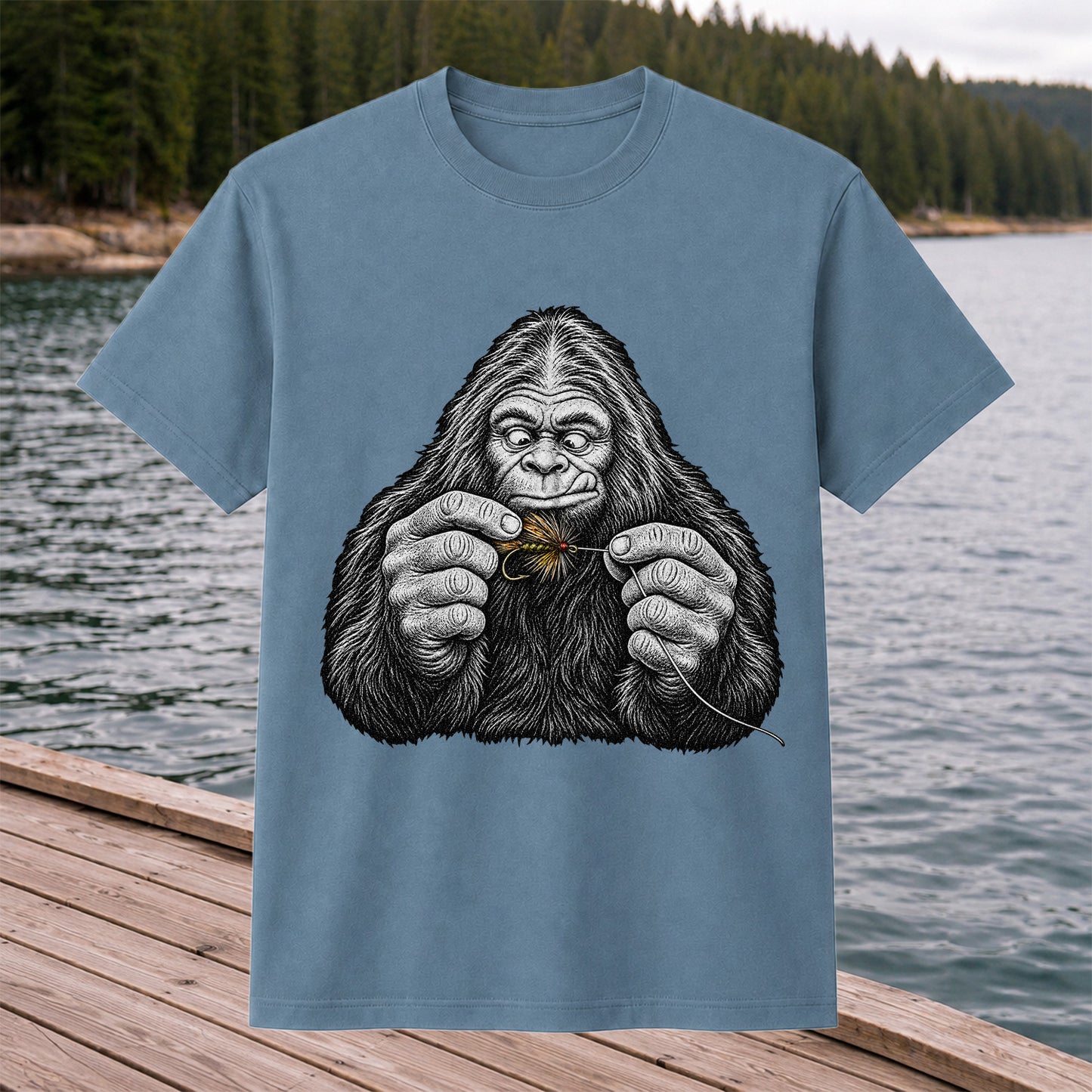 Bigfoot Tying a Fly Fishing Lure Graphic T-Shirt
