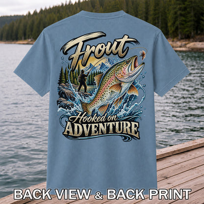 Trout Hooked on Adventure Mountain Fly Fishing T-Shirt | Back Print