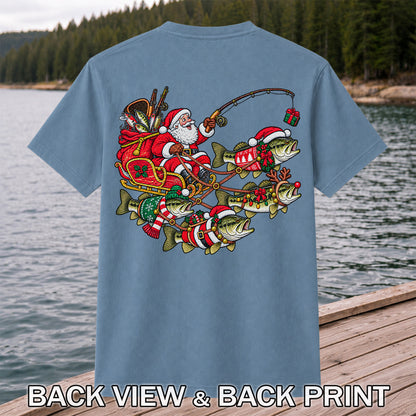 Santa Pulling Festive Bass Fishing Graphic T-Shirt | Back Print