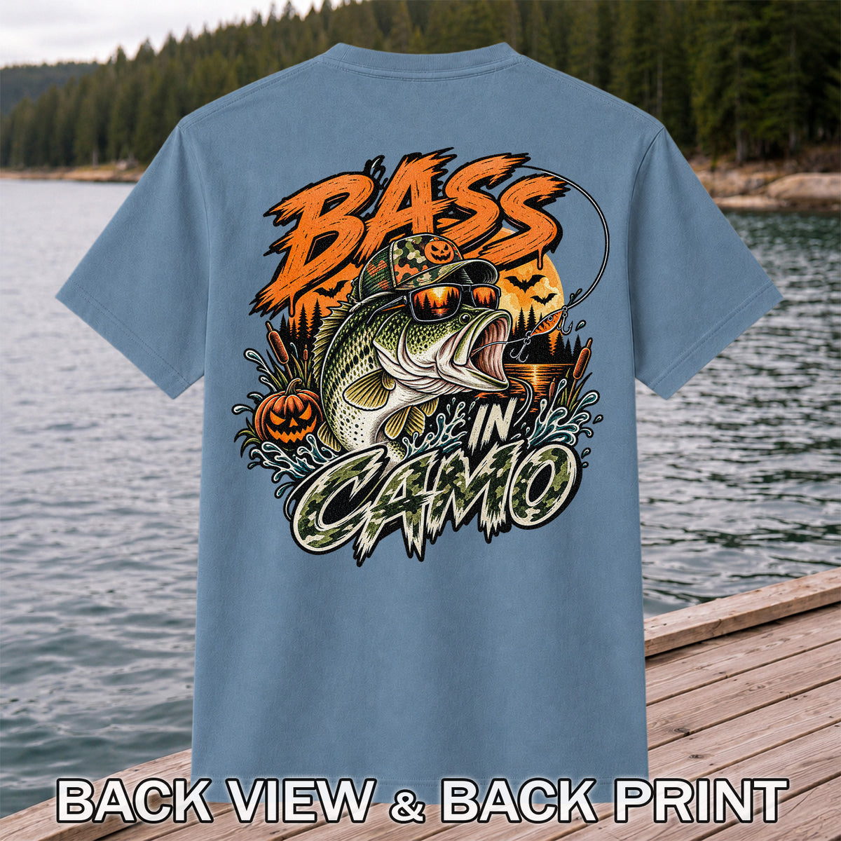Bass in Camo Halloween Pumpkin Bass Fishing Graphic T-Shirt | Back Print