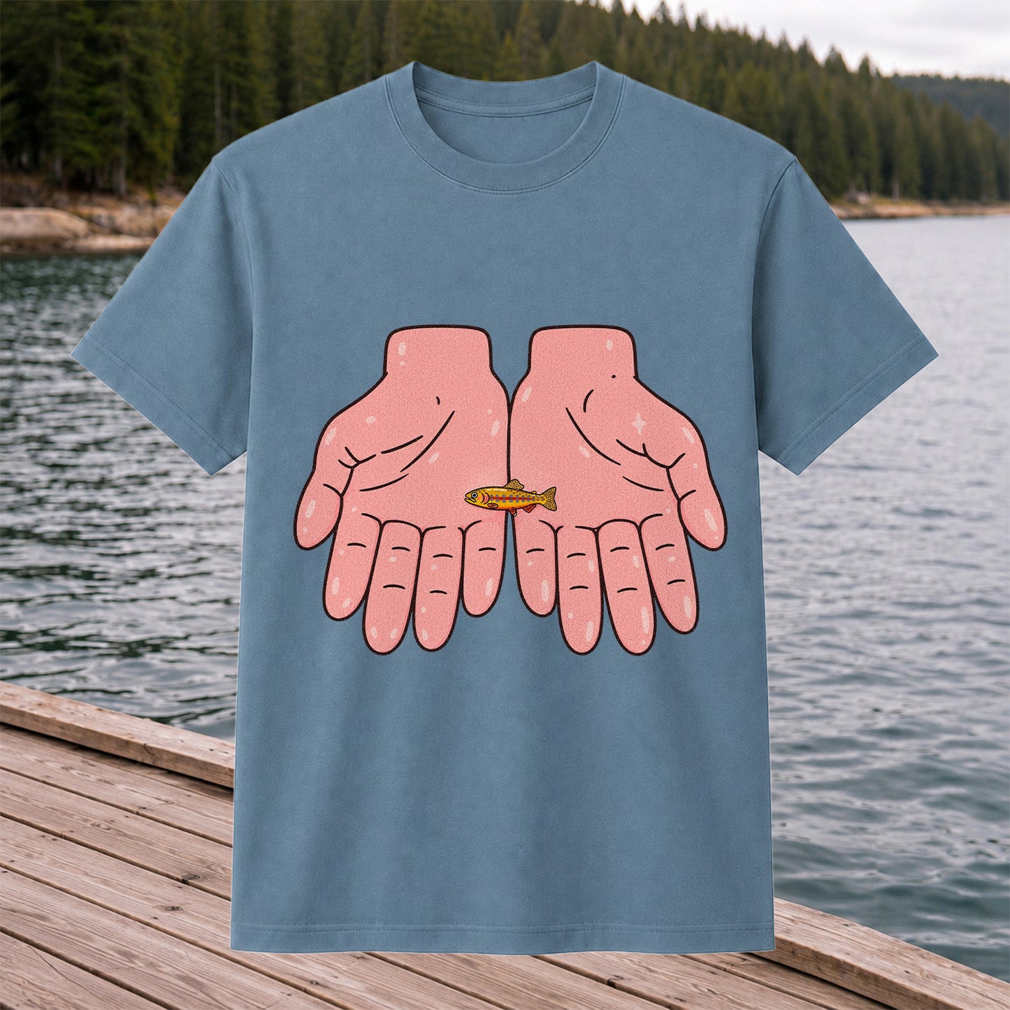 Tiny Rainbow Trout in Two Hands Cute Fishing Graphic T-Shirt