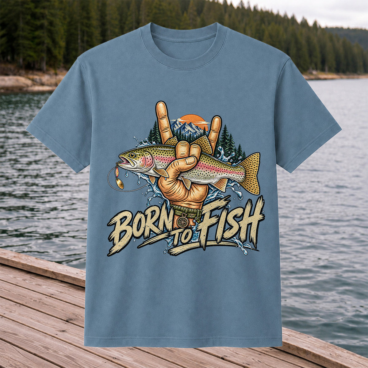 Born to Fish Rainbow Trout Rock Hand Sign Fishing T-Shirt