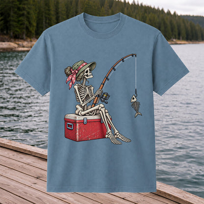 Skeleton Woman Fishing on a Cooler with Fish Bones Graphic T-Shirt