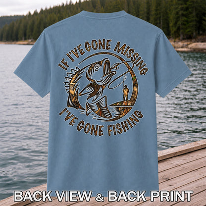 If I've Gone Missing I've Gone Fishing Jumping Bass Funny T-Shirt | Back Print