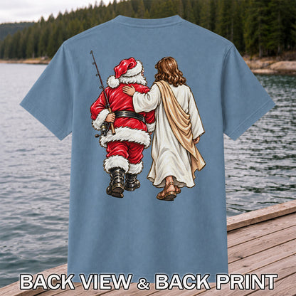 Santa and Robed Companion Fishing Graphic T-Shirt | Back Print