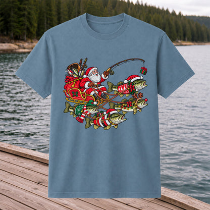 Santa Pulling Festive Bass Fishing Graphic T-Shirt