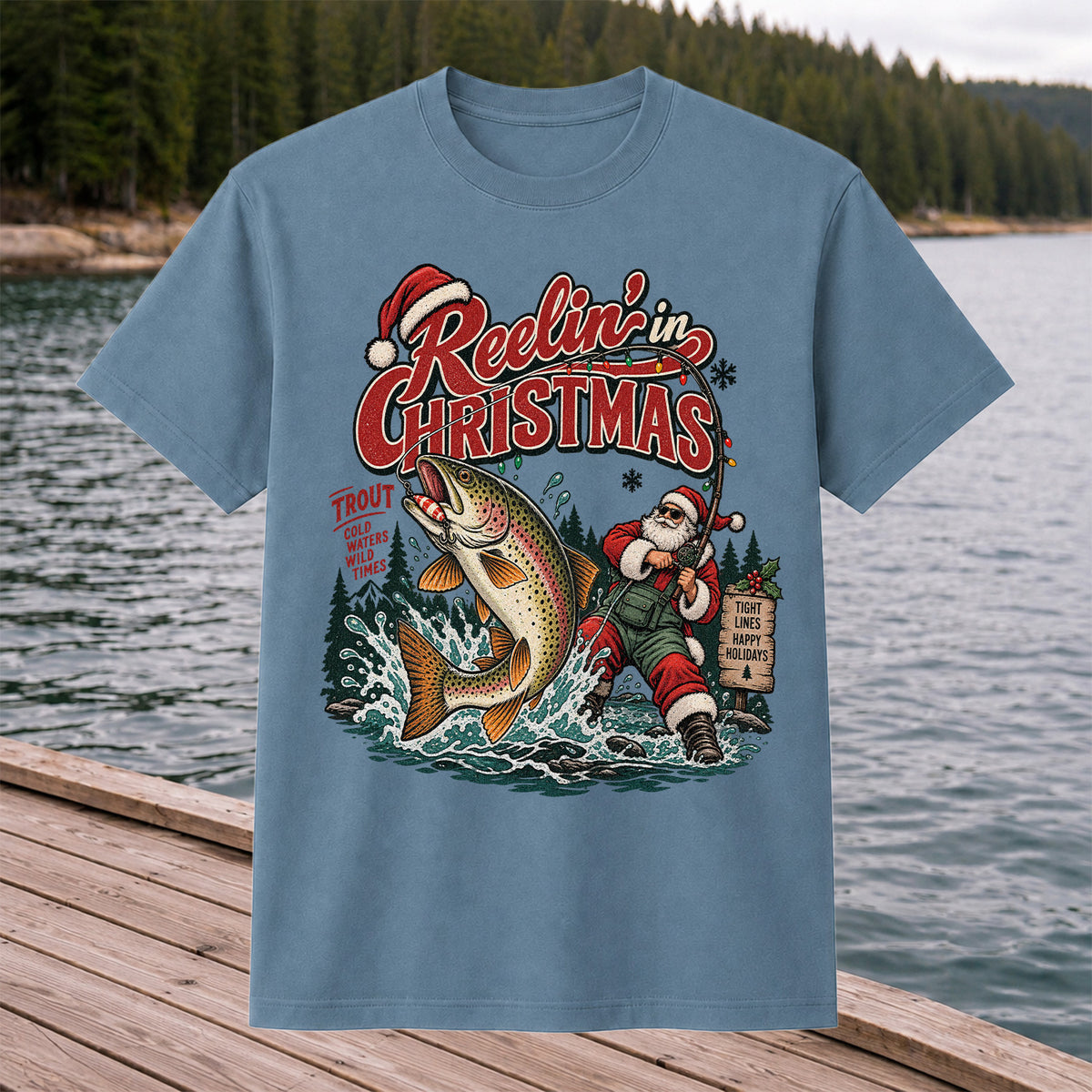 Reelin' in Christmas Santa and Rainbow Trout Fishing T-Shirt