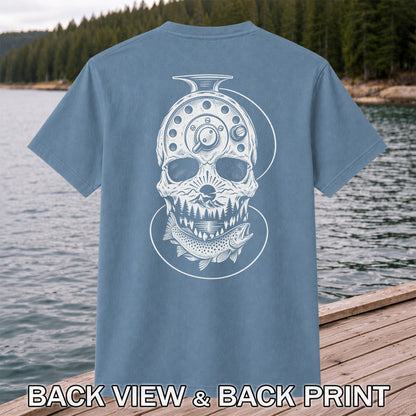 Trout and Fly Fishing Reel Skull Mountain Graphic T-Shirt | Back Print