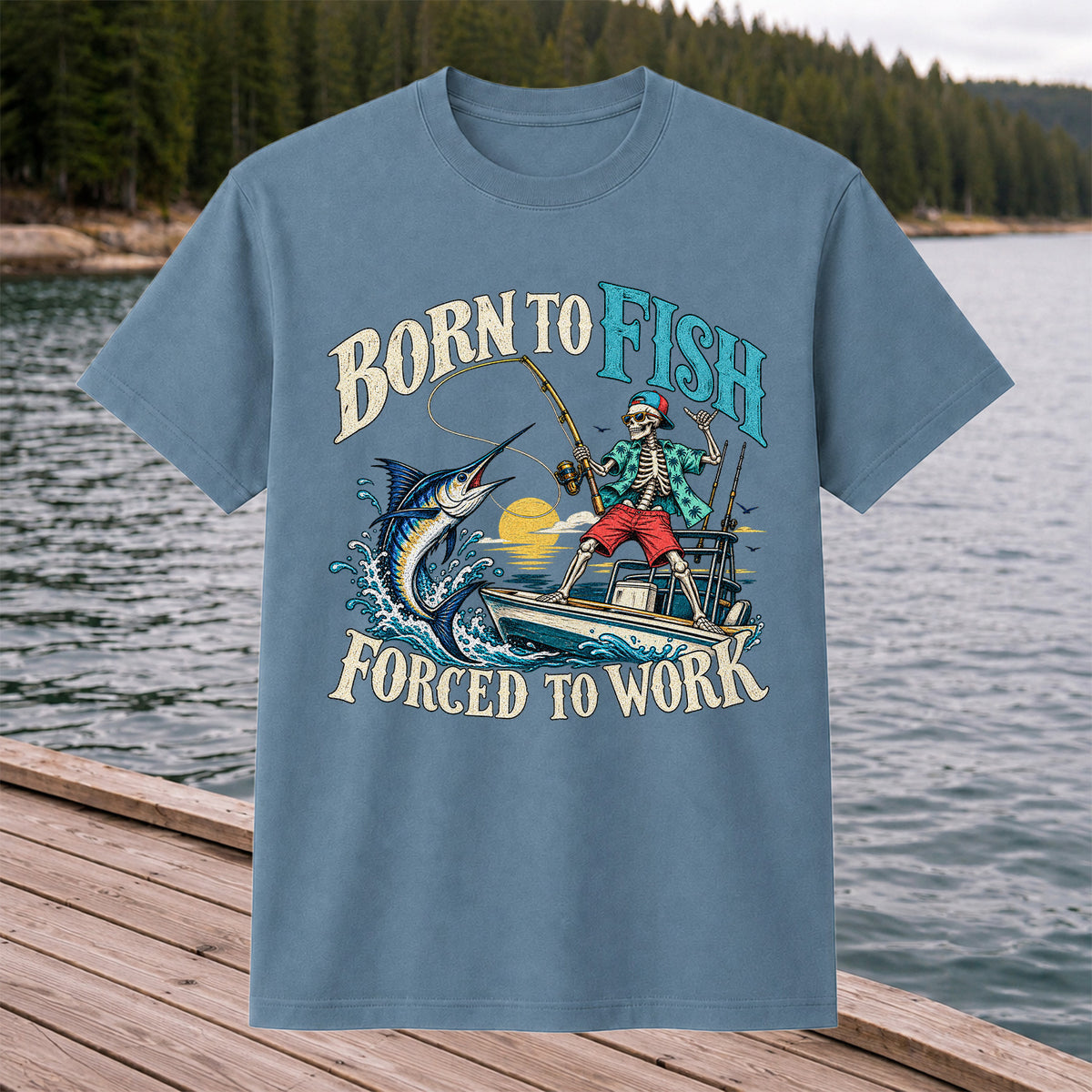 Skeleton Marlin Fishing Boat Graphic T-Shirt