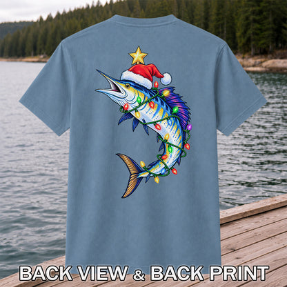 Christmas Marlin Wrapped in Lights Fishing T-Shirt | Back Print