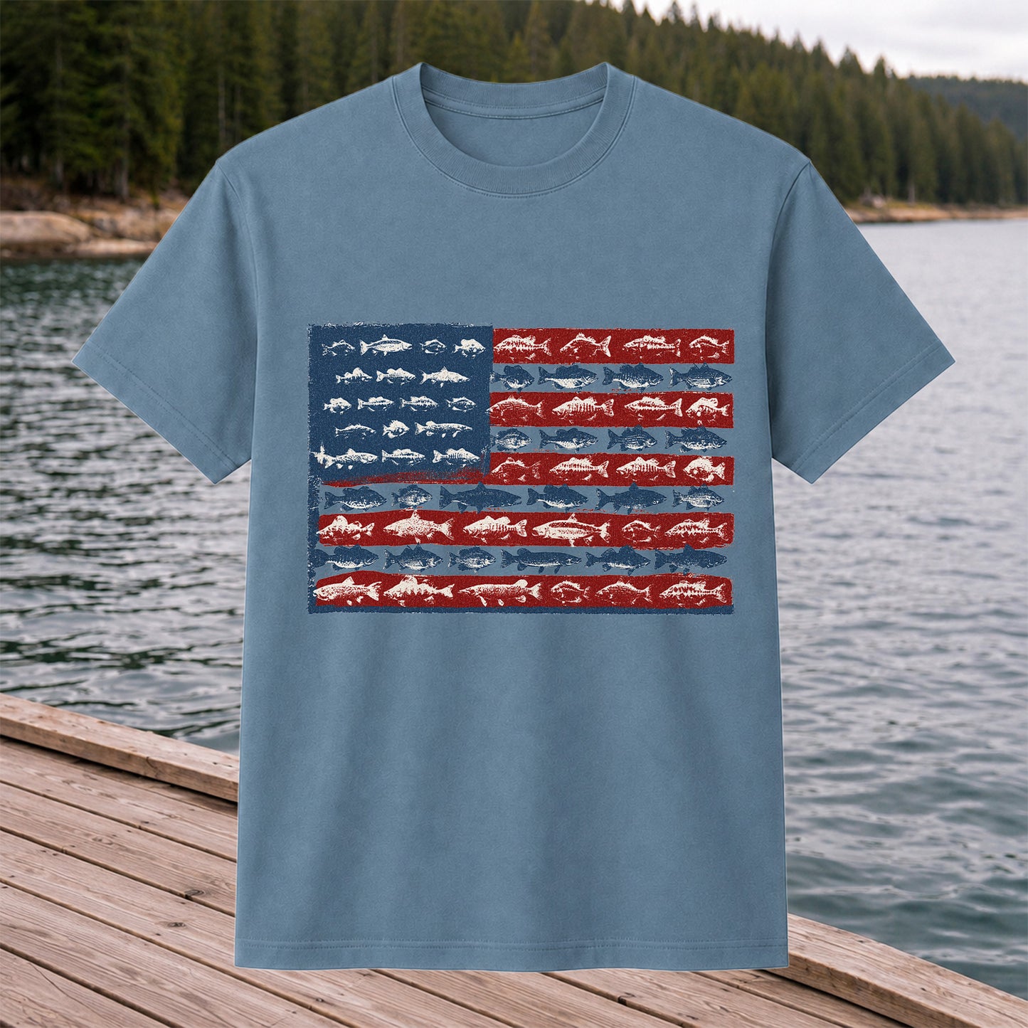 American Flag Made of Fish Patriotic Fishing Graphic T-Shirt