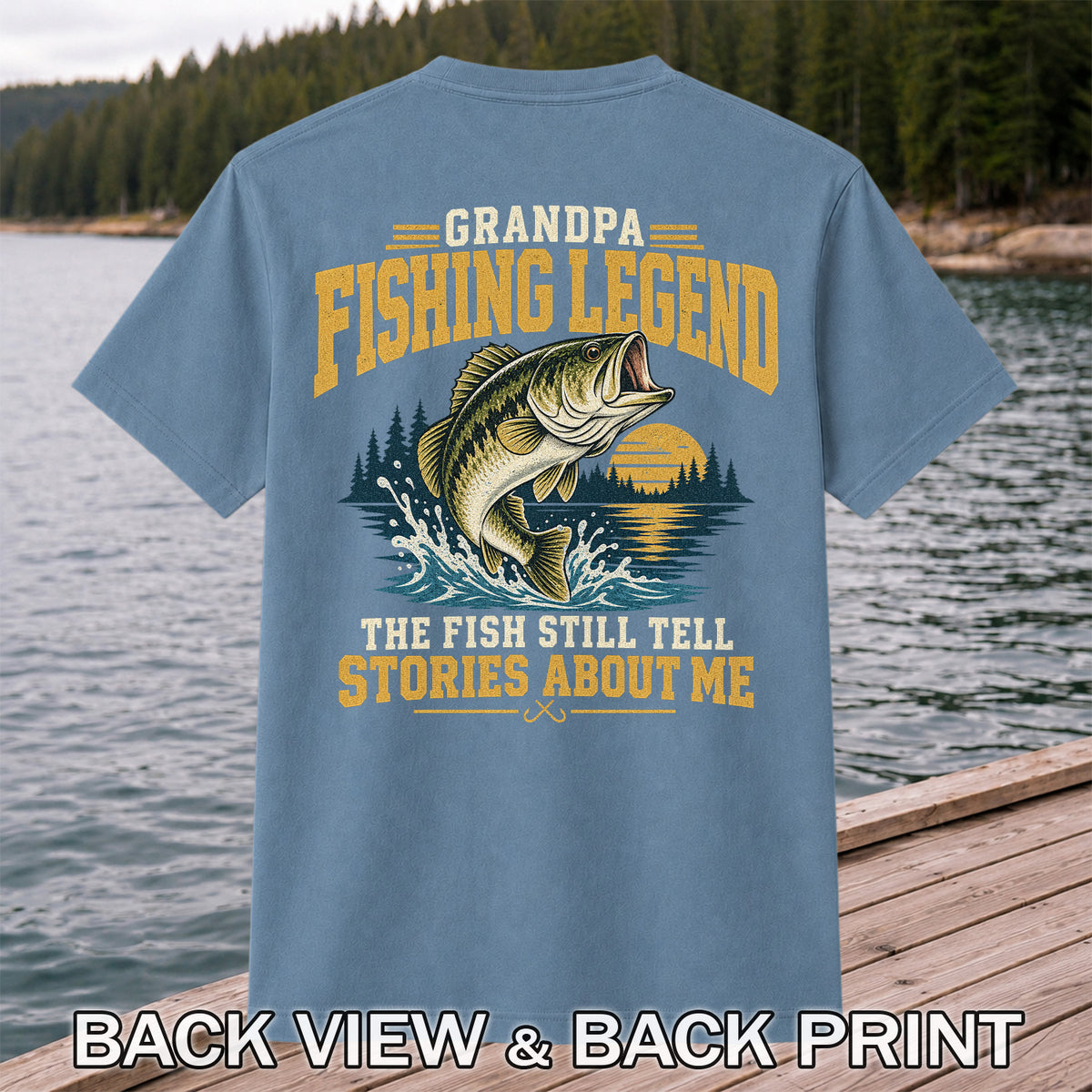 Grandpa Fishing Legend Jumping Bass Vintage Fishing T-Shirt | Back Print