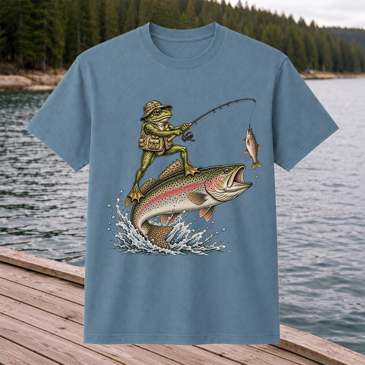 Frog Angler Riding a Rainbow Trout Fishing Graphic T-Shirt