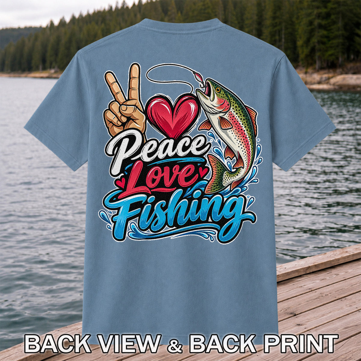 Peace Love Fishing Rainbow Trout and Heart Graphic T-Shirt | Back Print