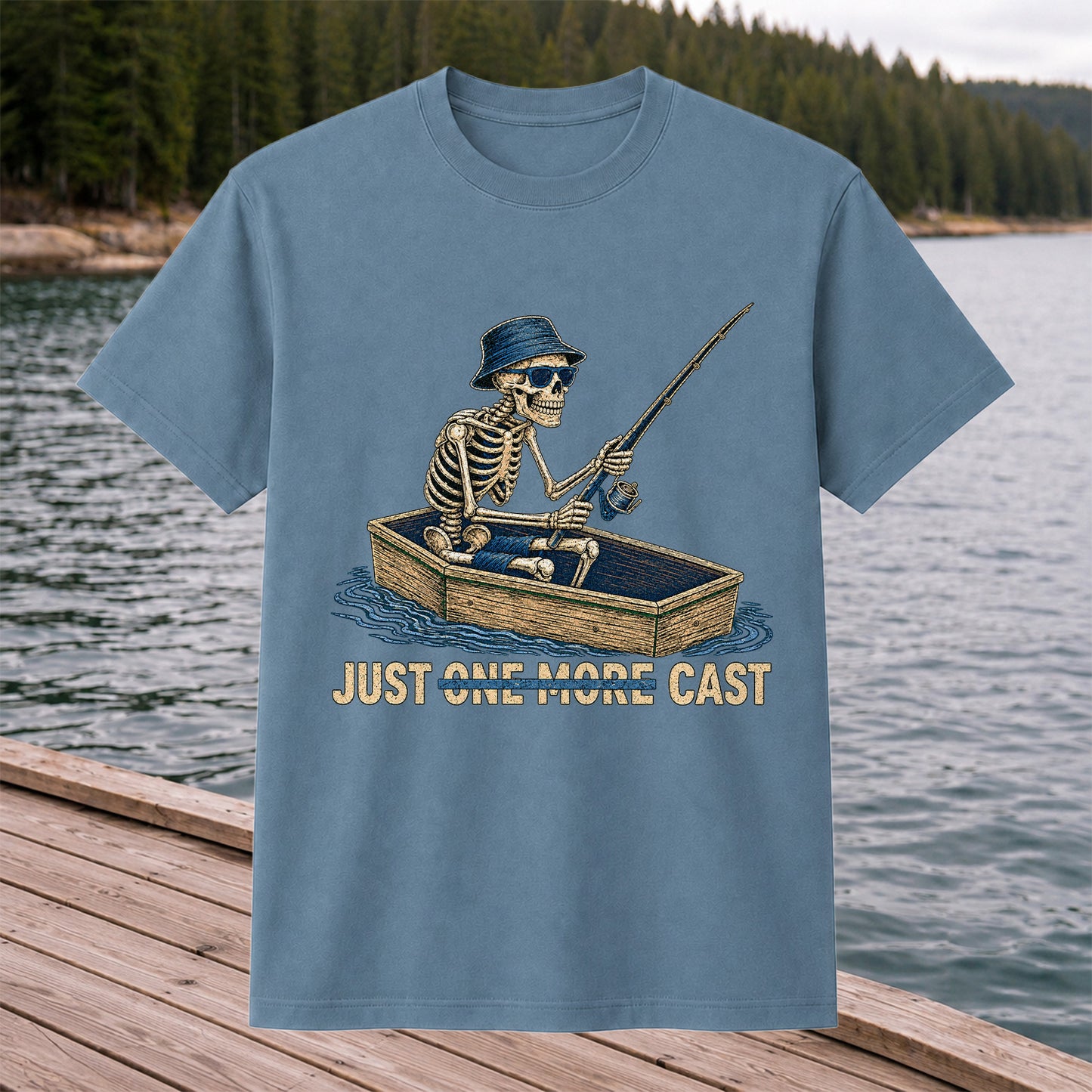 Just One More Cast Skeleton Fishing Boat Graphic T-Shirt