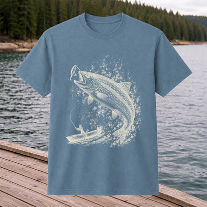Leaping Trout Striking Lure from Fishing Boat Graphic T-Shirt