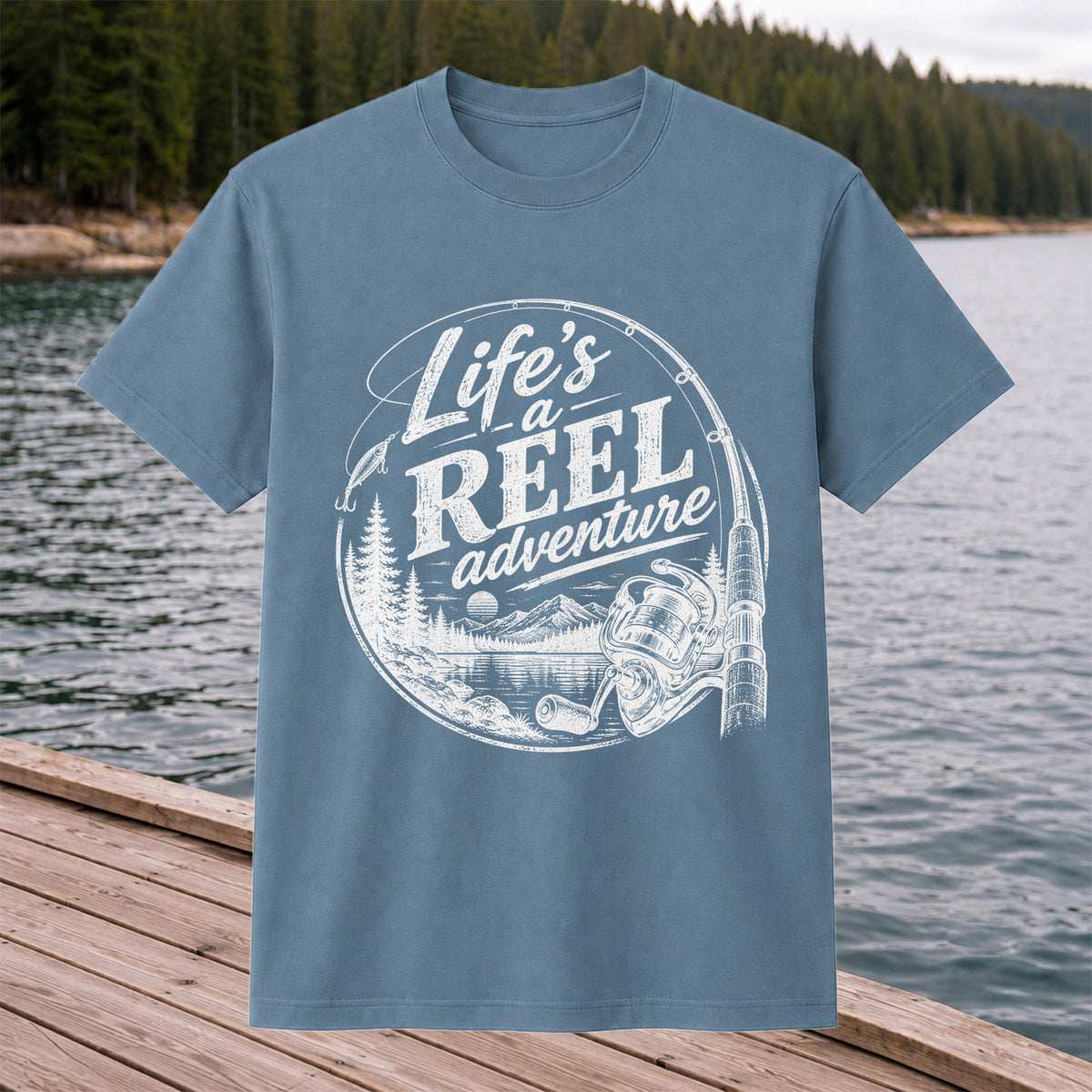 Life's a Reel Adventure Fishing Rod and Mountain Lake T-Shirt