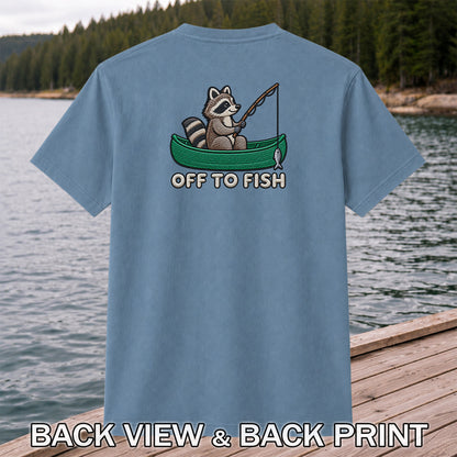 Off to Fish Raccoon in a Canoe Funny Fishing Graphic T-Shirt | Back Print