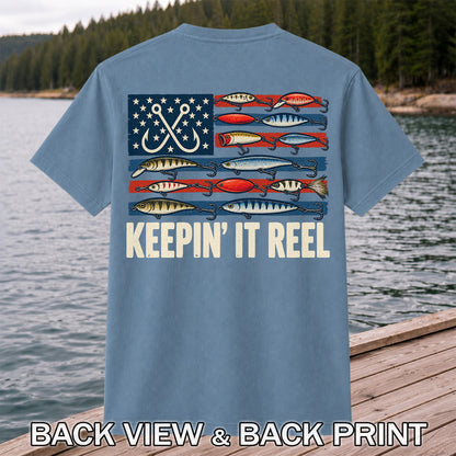 Keepin' It Reel American Flag Fishing Lures Graphic T-Shirt | Back Print