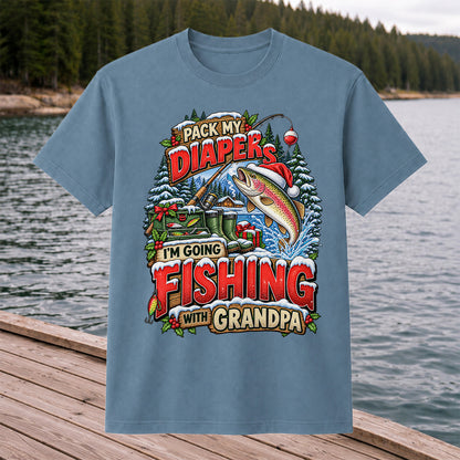 Pack My Diapers I'm Going Fishing With Grandpa Christmas Rainbow Trout T-Shirt