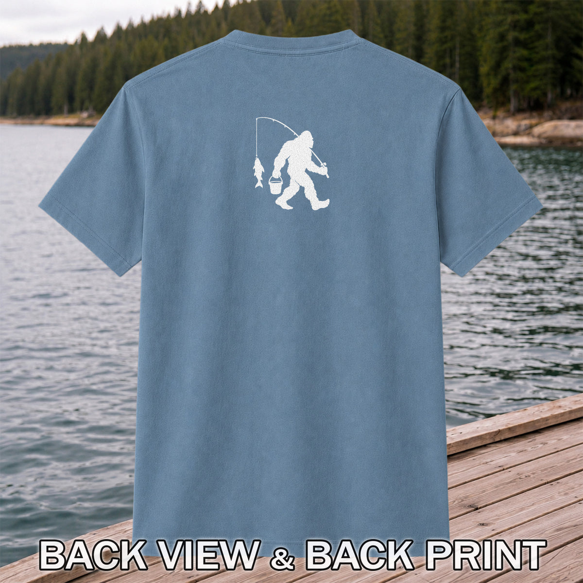 Fishing Silhouette with Catch and Bucket Graphic T-Shirt | Back Print