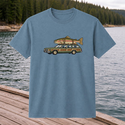 Vintage Station Wagon Carrying Rainbow Trout Fishing T-Shirt